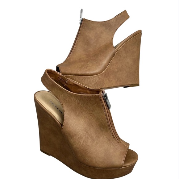 CHINESE LAUNDRY Women’s‎ Tan Peep Toe Sling Back Wedge Booties Silver Zipper 8M - Picture 2 of 15